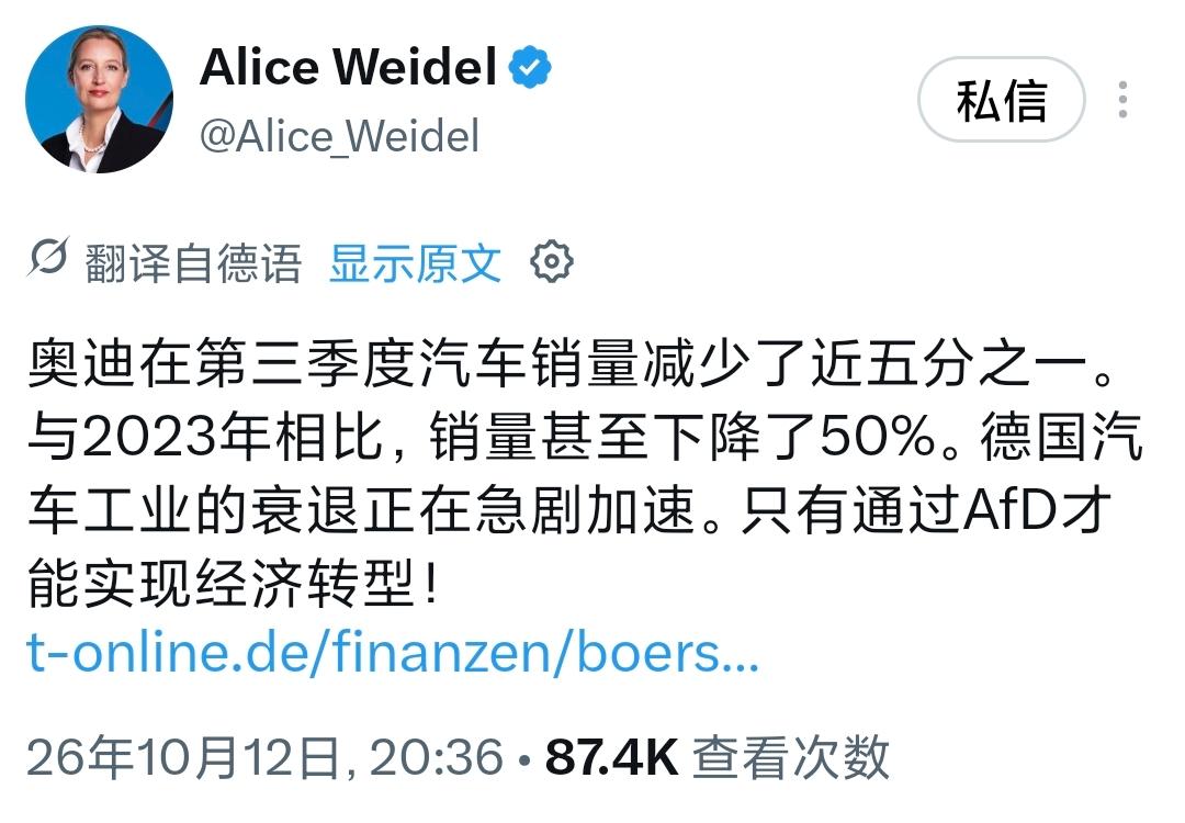 德国选择党联合主席魏德尔今晚（北京时间10月12日晚）写道：“奥迪在第三季度汽车