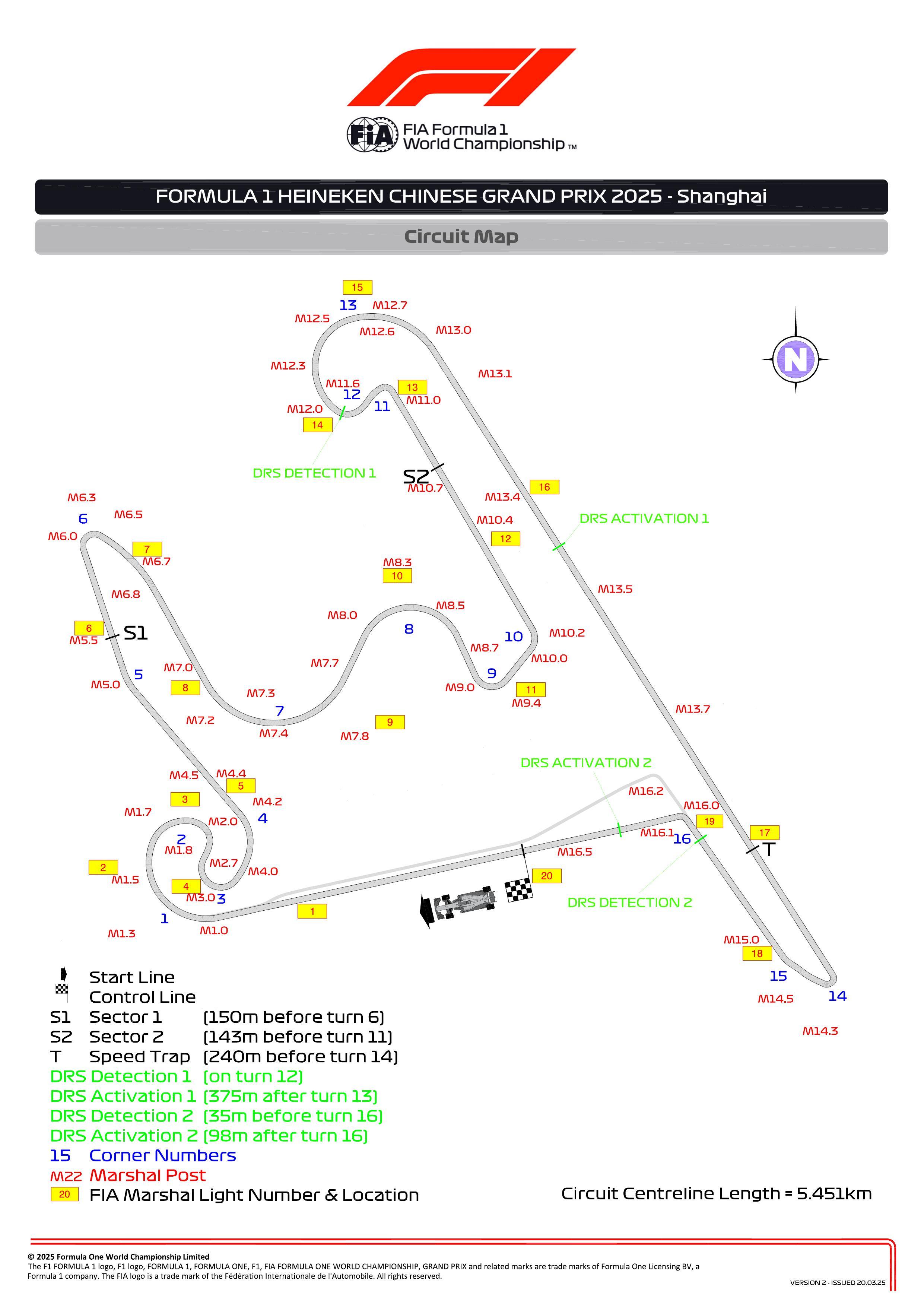 FIA公布了f1中国大奖赛赛道图，后直道DRS延长了75米，触发点从去年T13