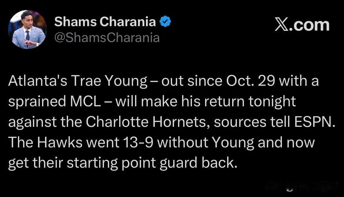 纽约市长复出了！！！特雷-杨复出，首发出战对黄蜂的比赛！根据记者Shams最