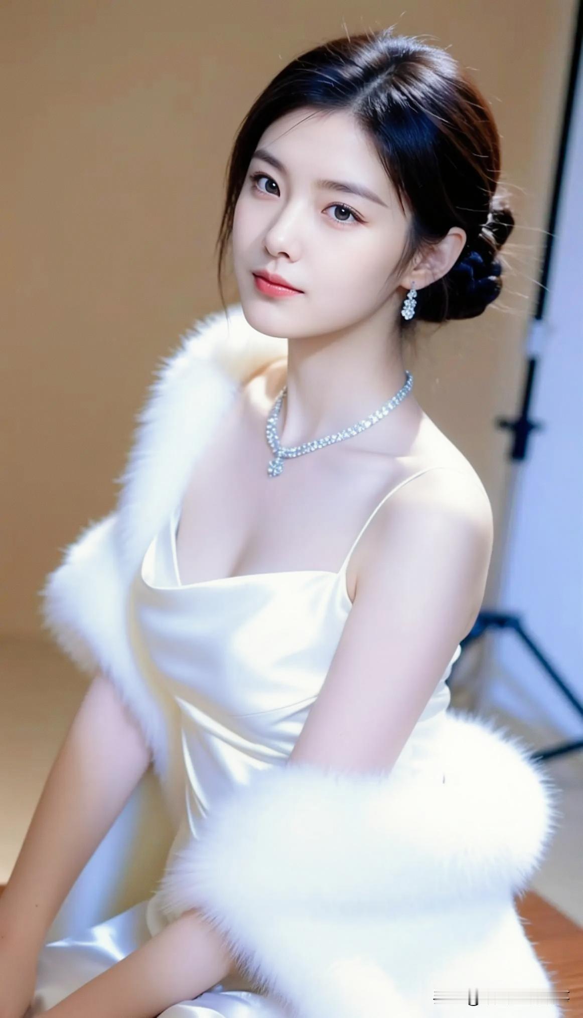 张京穿白色缎面吊带礼服，搭配白色毛绒披肩，钻石项链耳饰，优雅晚宴礼服造型太美了