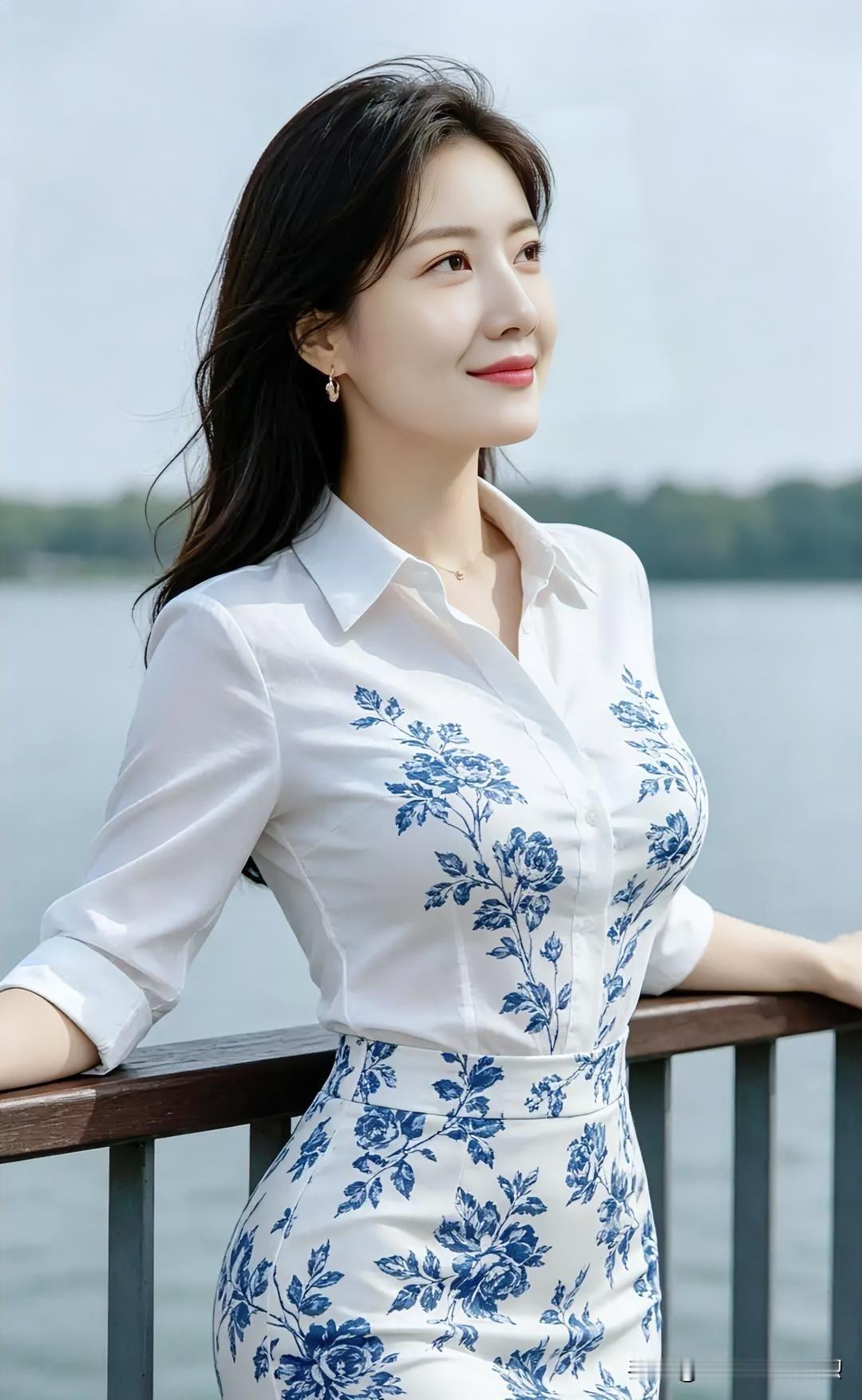湖畔清风拂过，白衫青花映着粼粼水光，优雅身影与自然景致交融，静谧美好。