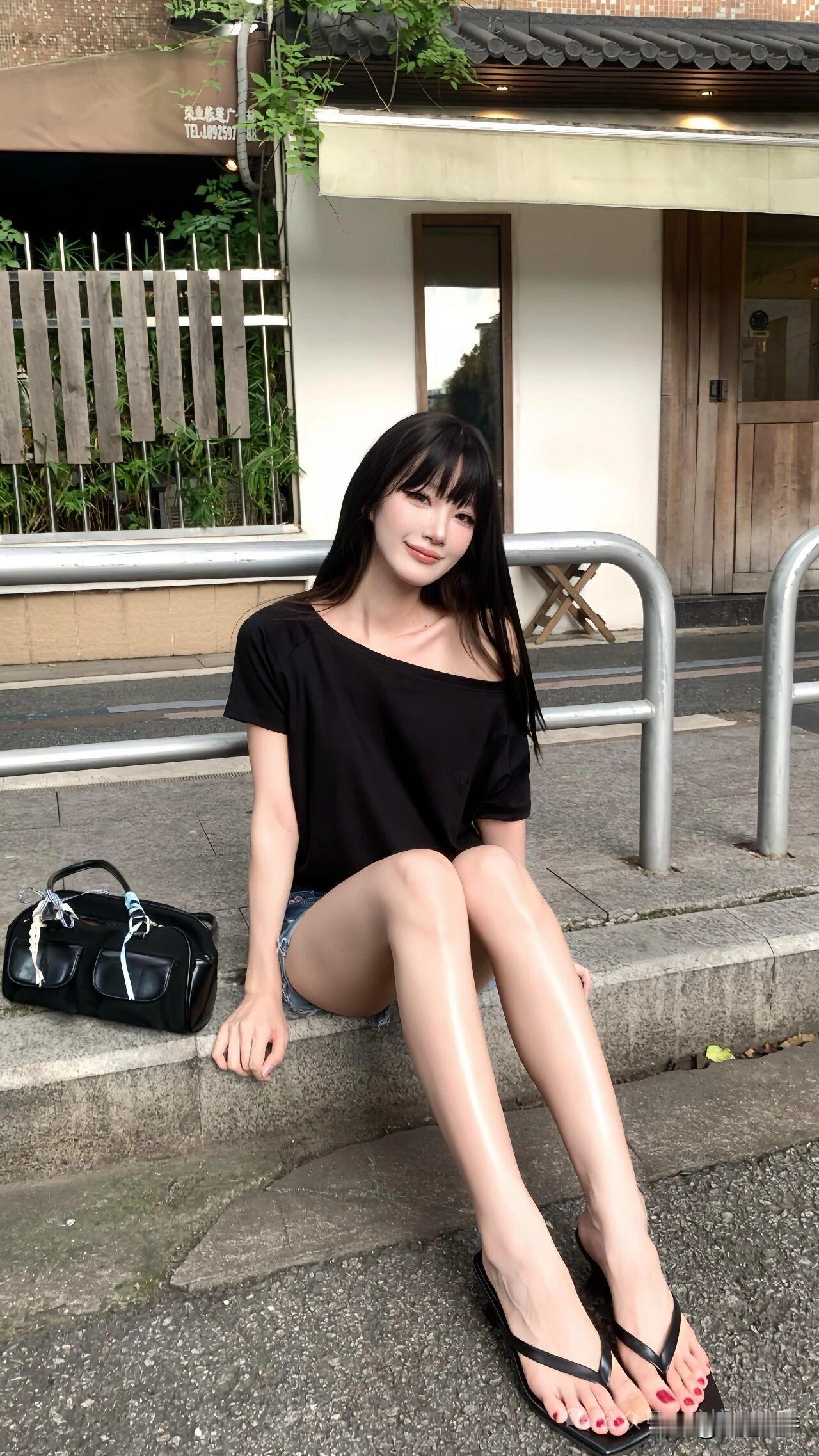 夏日清凉穿搭，黑色上衣+牛仔短裤，轻松自在！🌞👗👠