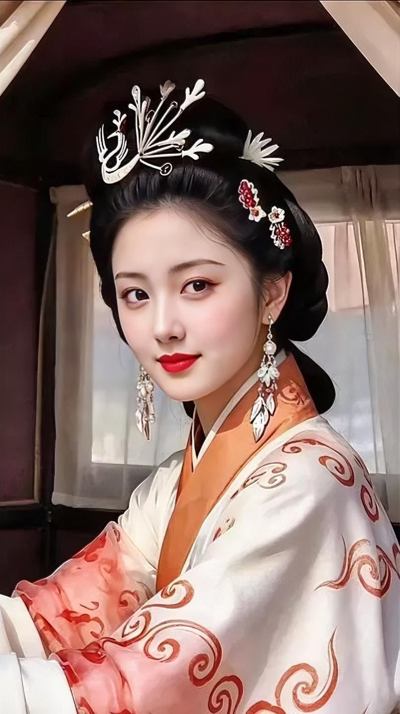 云纹凤影的温婉凤冠轻耸，珠翠微摇，橙白云纹，织就汉服飘逸。高髻含情，