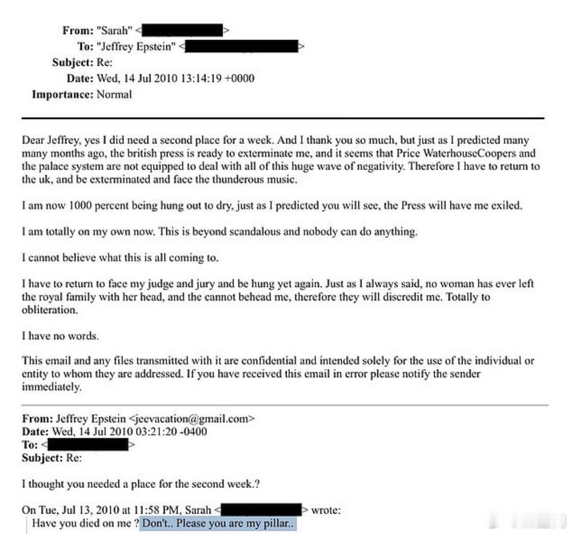 英国王室🇬🇧前约克公爵夫人莎拉·玛格丽特·弗格森在杰弗里·爱波斯坦因性侵儿