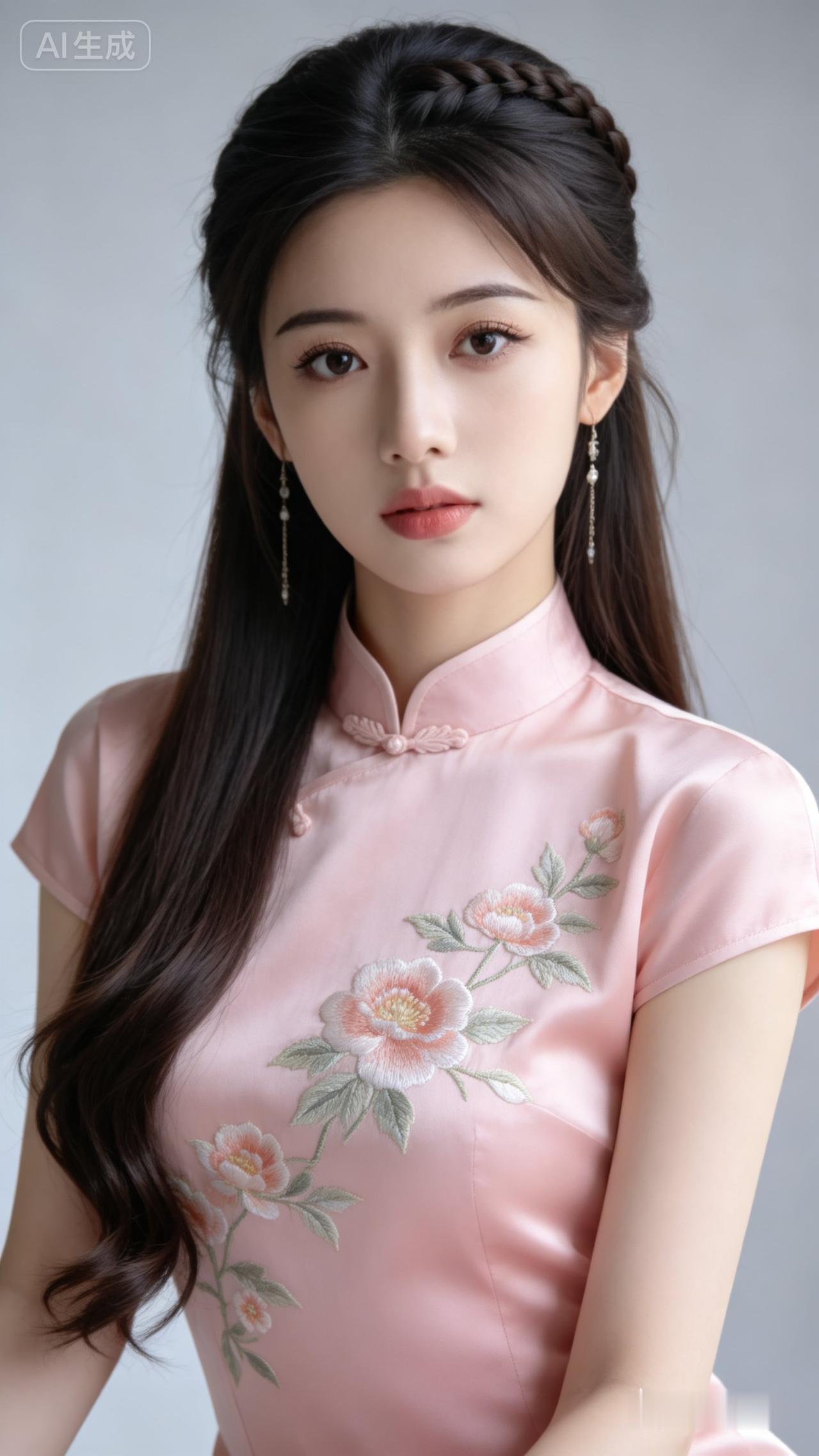 优雅粉裙少女，精致花饰，气质优雅，尽显东方美！