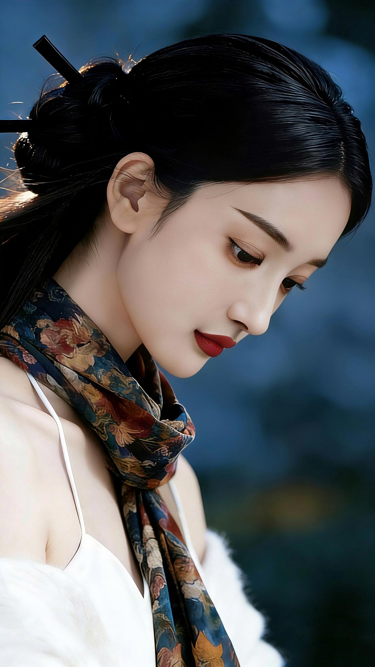 九帧同绘东方温婉仙。乌发盘髻插木簪，白吊带搭软毛，颈间花丝巾复古雅致。侧颜含情眸