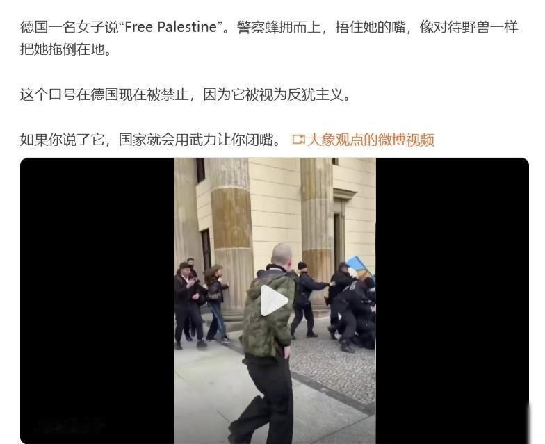 果然是万法归源，天下纳粹是一家。德国一名女子说“FreePalestine”，