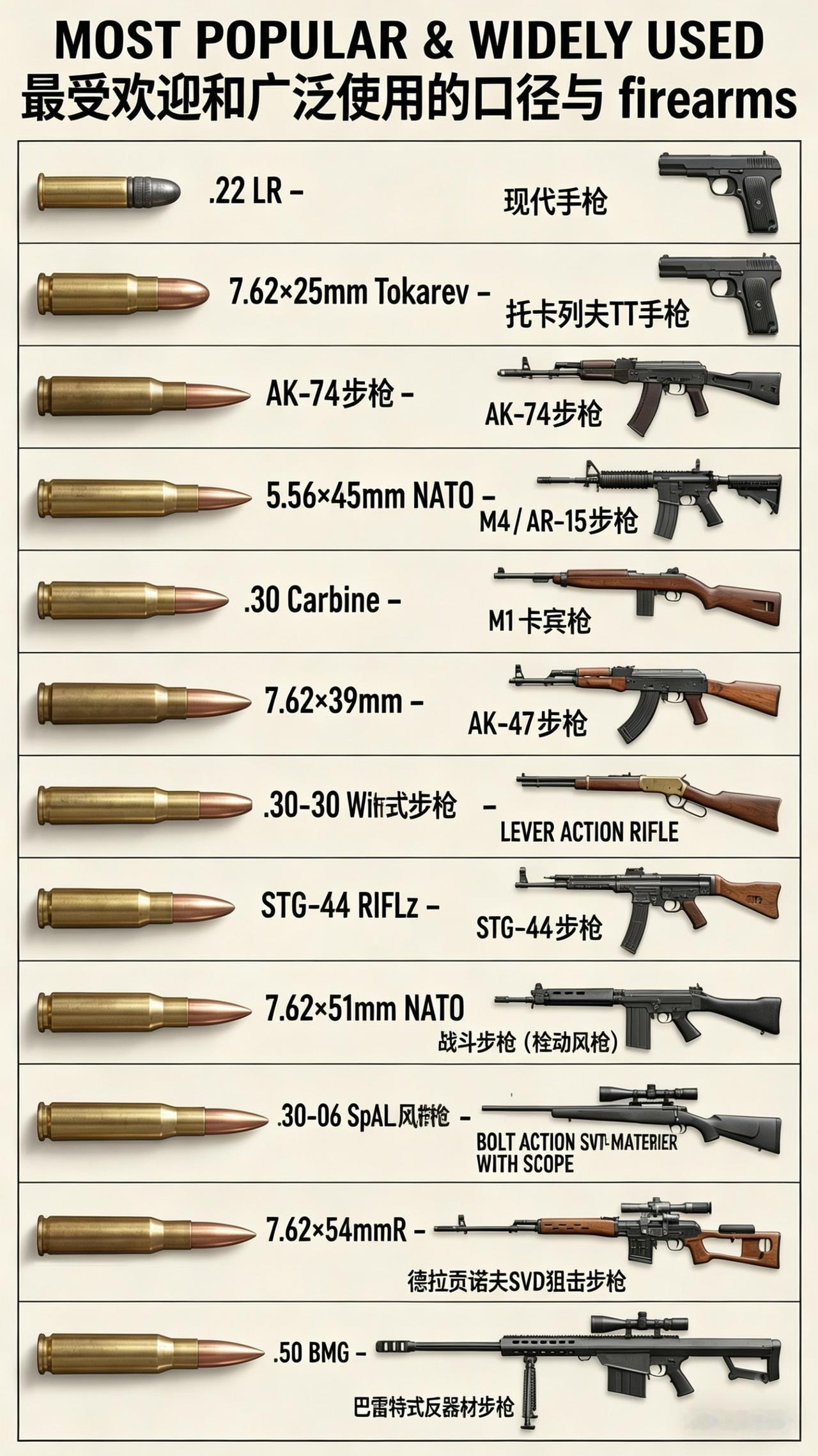 这张图直接把人类最主流的枪弹家族摆到了面前，从入门款到“大杀器”，覆盖了从民用自