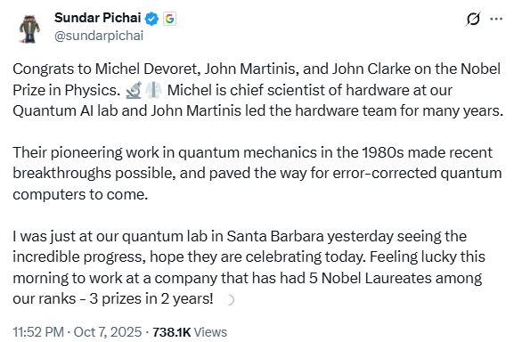 谷歌连续收获诺贝尔奖! AI拿下去年化学奖, 量子计算拿下今年物理学奖
