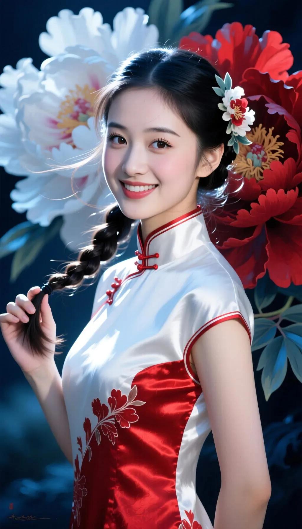 红白相间的旗袍，搭配精致的盘发和花饰，尽显东方古典美！