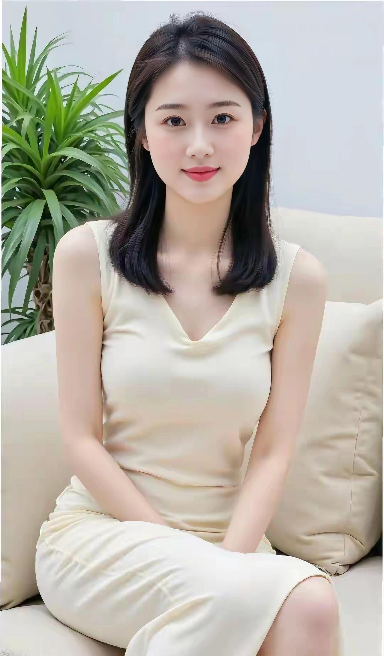 静室佳人黑发齐肩样貌柔，素衣淡逸坐沙发。眉清目秀含温笑，气质安然不张扬。