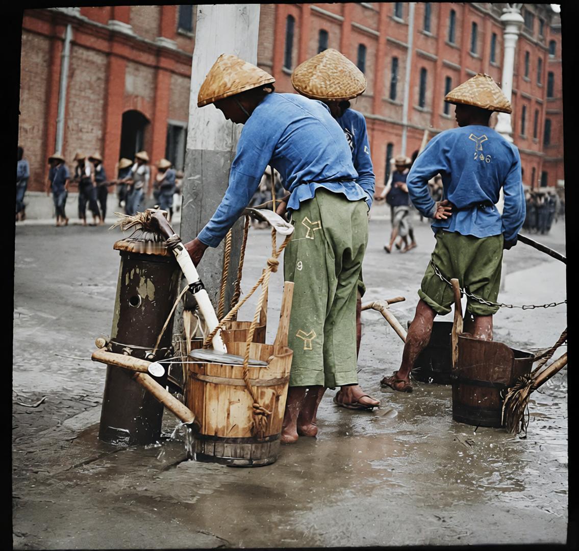 这是20世纪20年代上海街头的环卫工劳作场景，几位工人头戴宽檐斗笠，身着印有序号