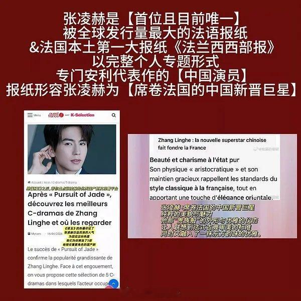 法国本土第一大报纸《QuestFrance》专门为张凌赫开设了专题安利报道，这