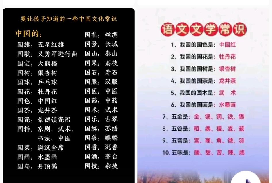 这文学常识你知道吗？我国的国色是中国红国，茶是龙井茶，国瓷是景德镇瓷器，国医是中