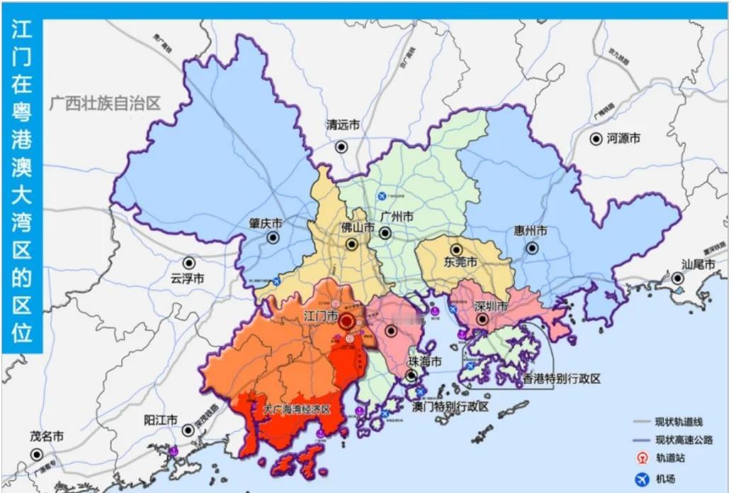 江门在粤港澳大湾区的区位示意图城市区位江门市是广东省辖地级市,位于珠江三角洲
