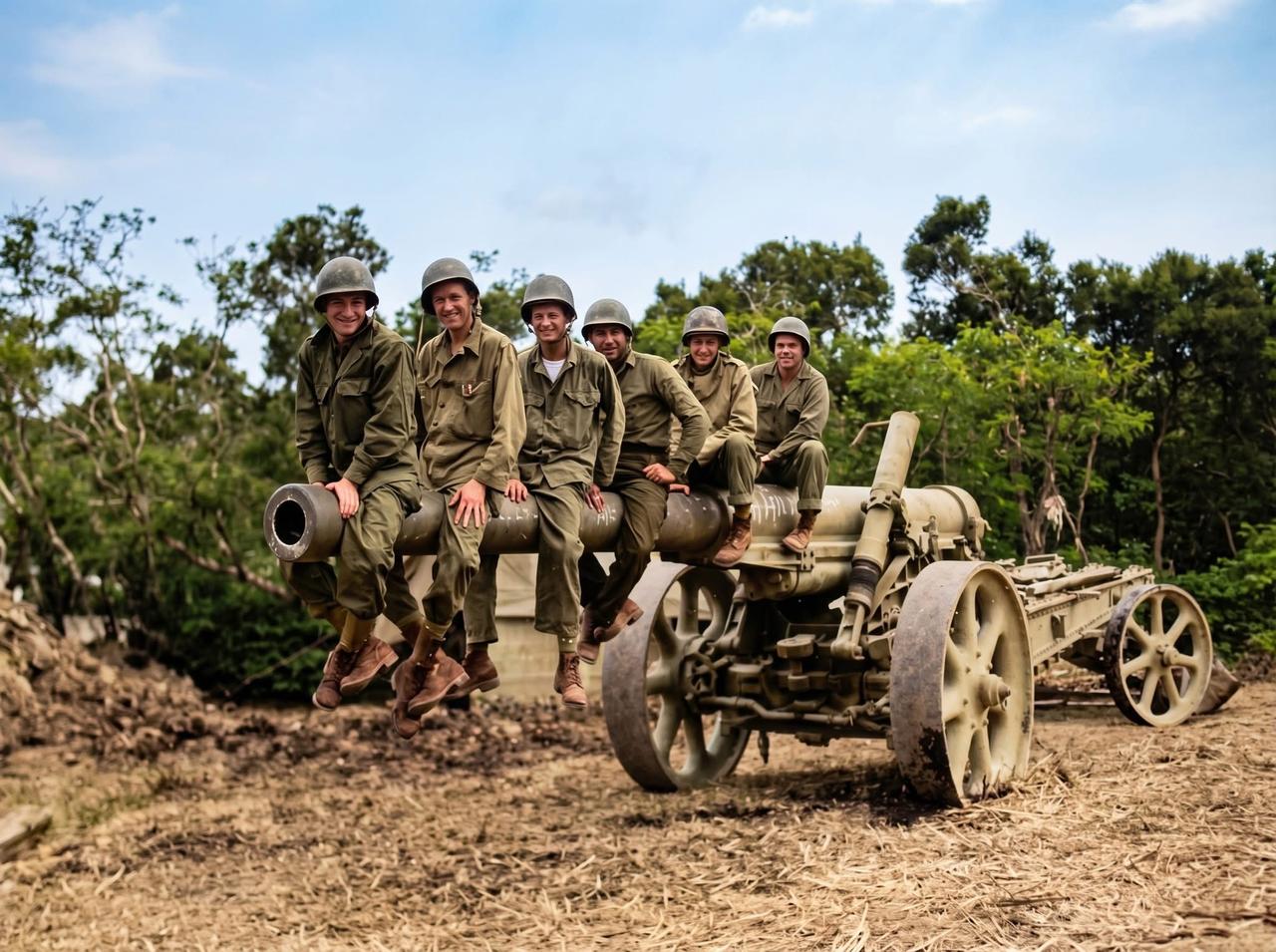 1945年，冲绳战役期间，美军士兵与刚从日寇处缴获的150毫米火炮合影！可喜