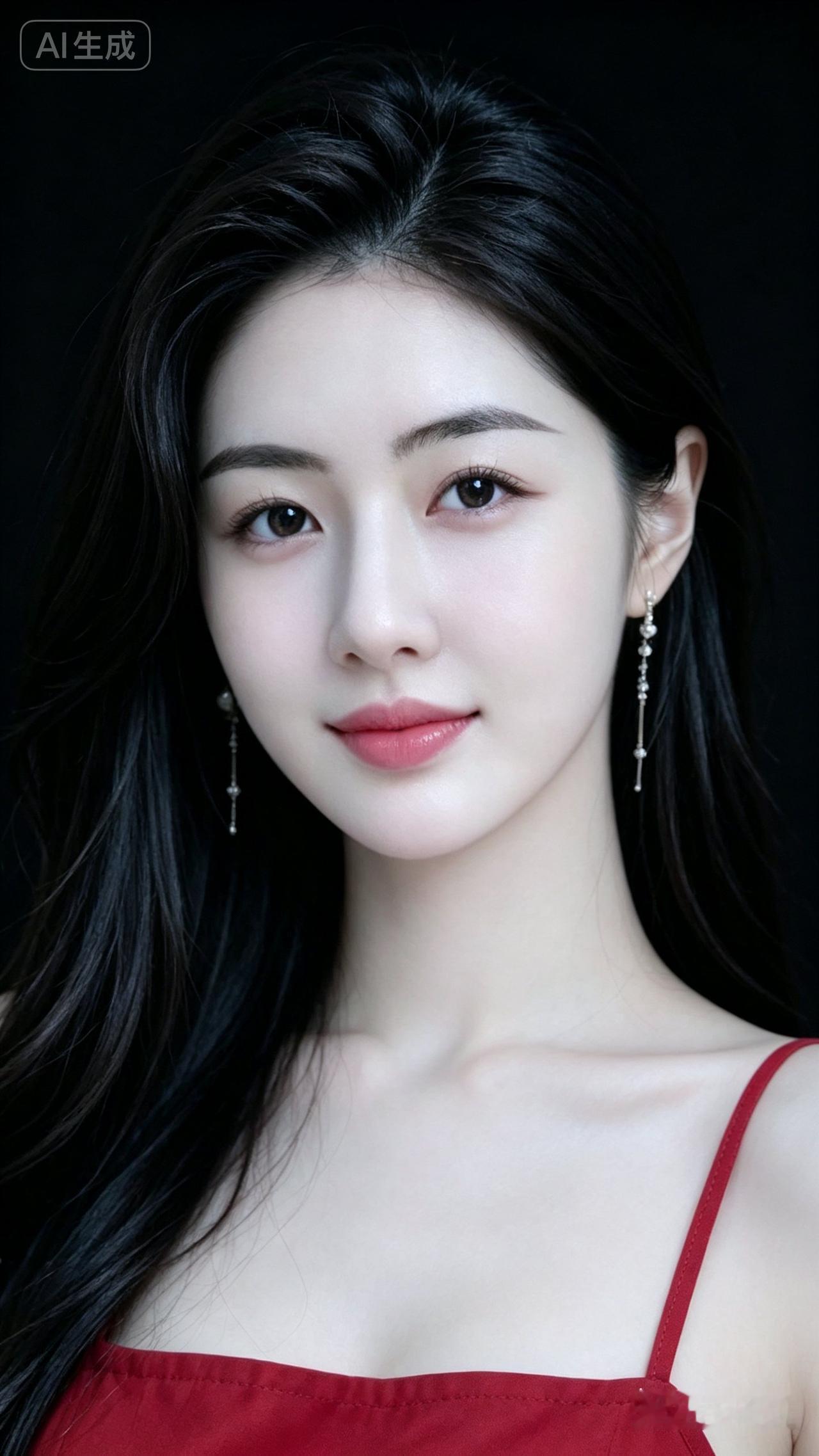温柔甜美的少女，黑发红裙，优雅动人。
