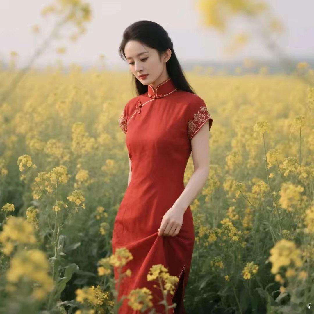 赵丽颖中国红旗袍油菜花田写真！好漂亮啊​​​
