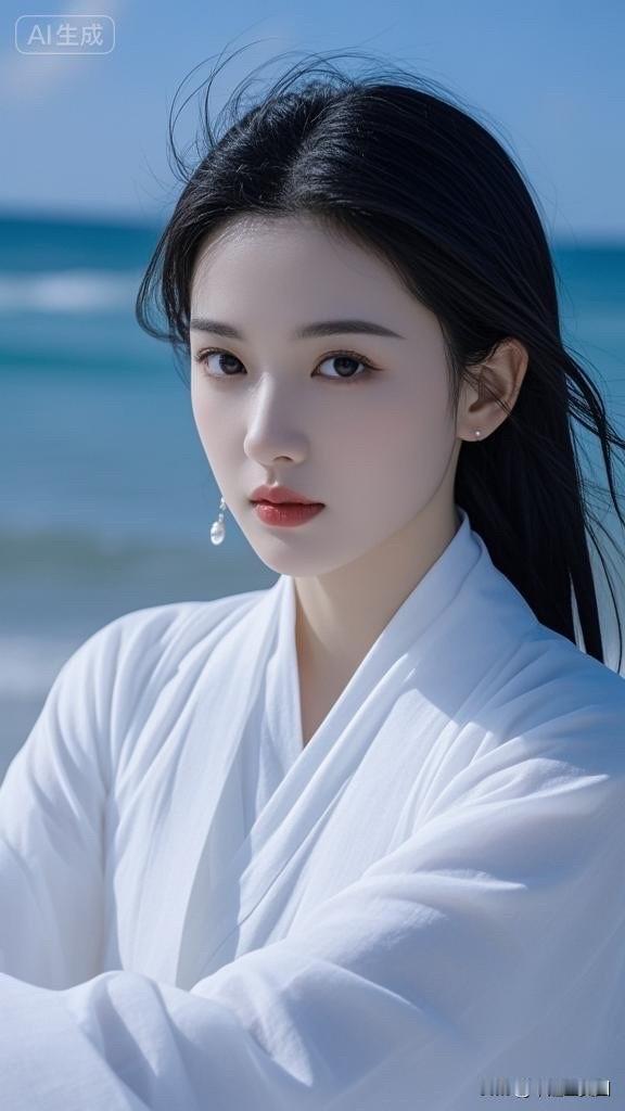 “海边的白衣少女，清新自然，宛如画中仙”🌊👗🌴