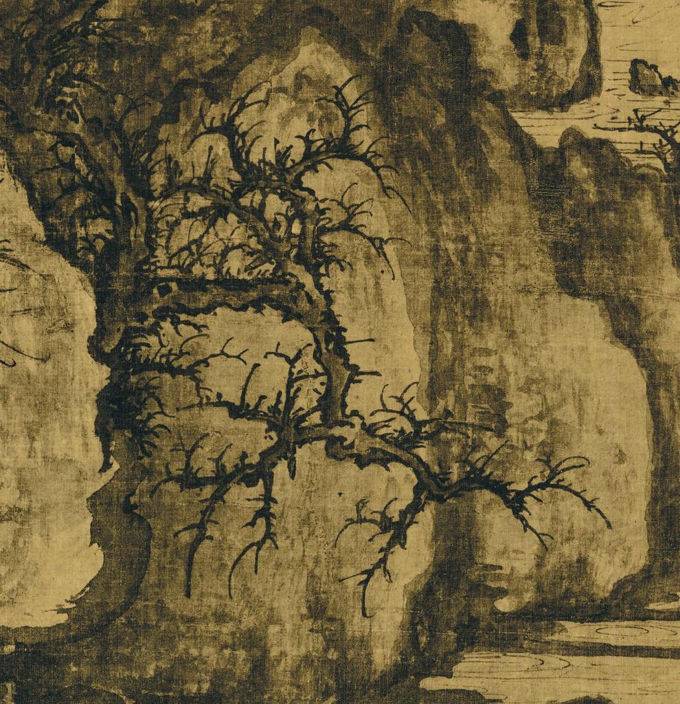 蟹爪式树枝画法。蟹爪枝源自李成，经郭熙完善定型，因细枝向下虬曲、弯垂如蟹螯得名，