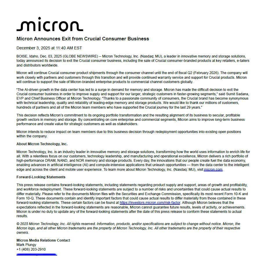 Micron（镁光）宣布退出消费级业务，停止英睿达（Crucial）的零售业务