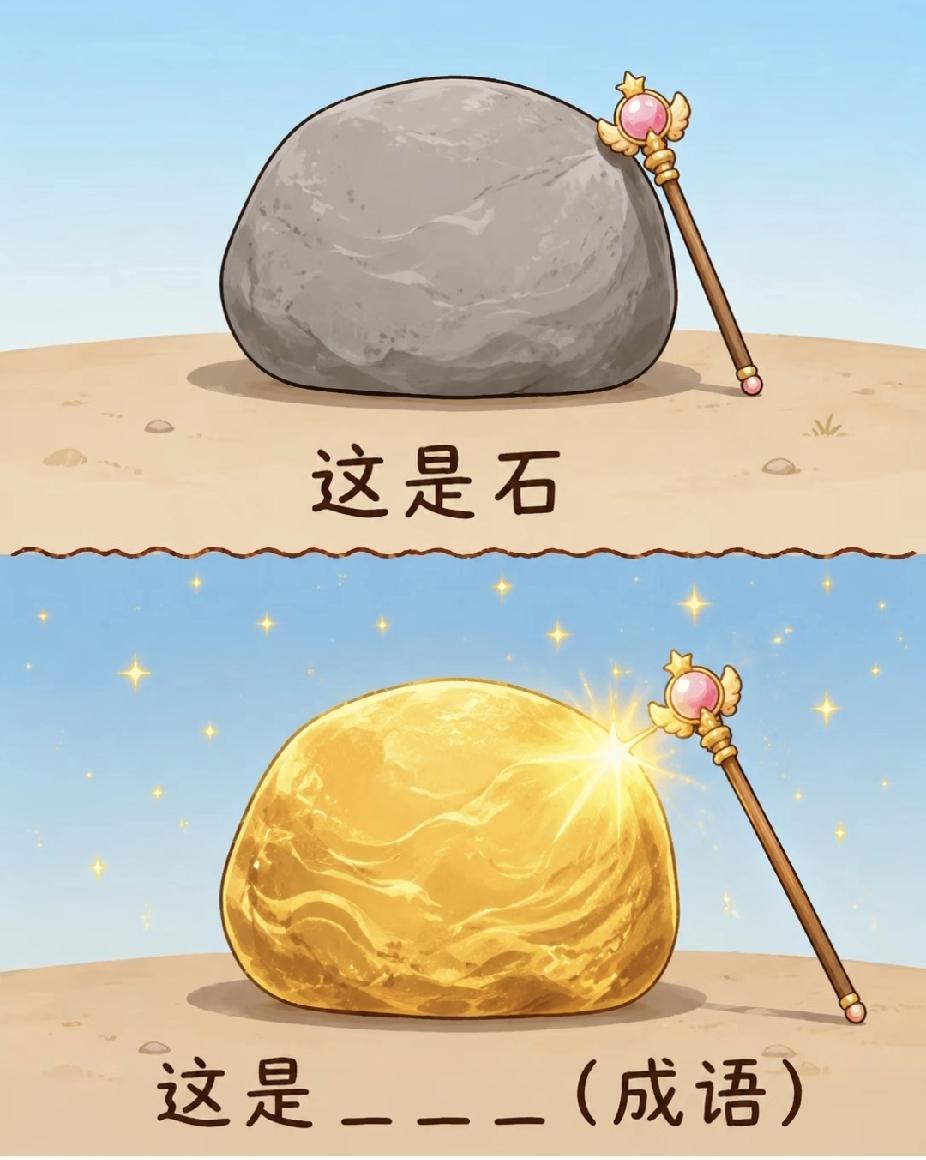 石头被魔法棒点成金子！猜一成语，谐音梗太绝了