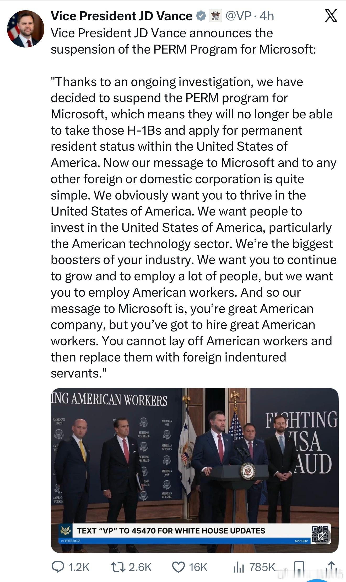 美国副总统J.D.万斯宣布暂停微软的PERM项目：“由于目前正在进行的一项调查，我们决定暂停微软的P