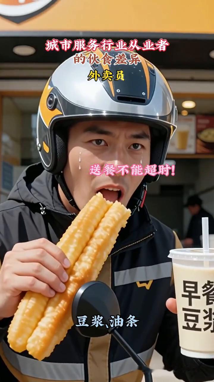 城市服务行业从业者的伙食差异。·外卖员：送餐不能超时。·快递员：快递计件收益