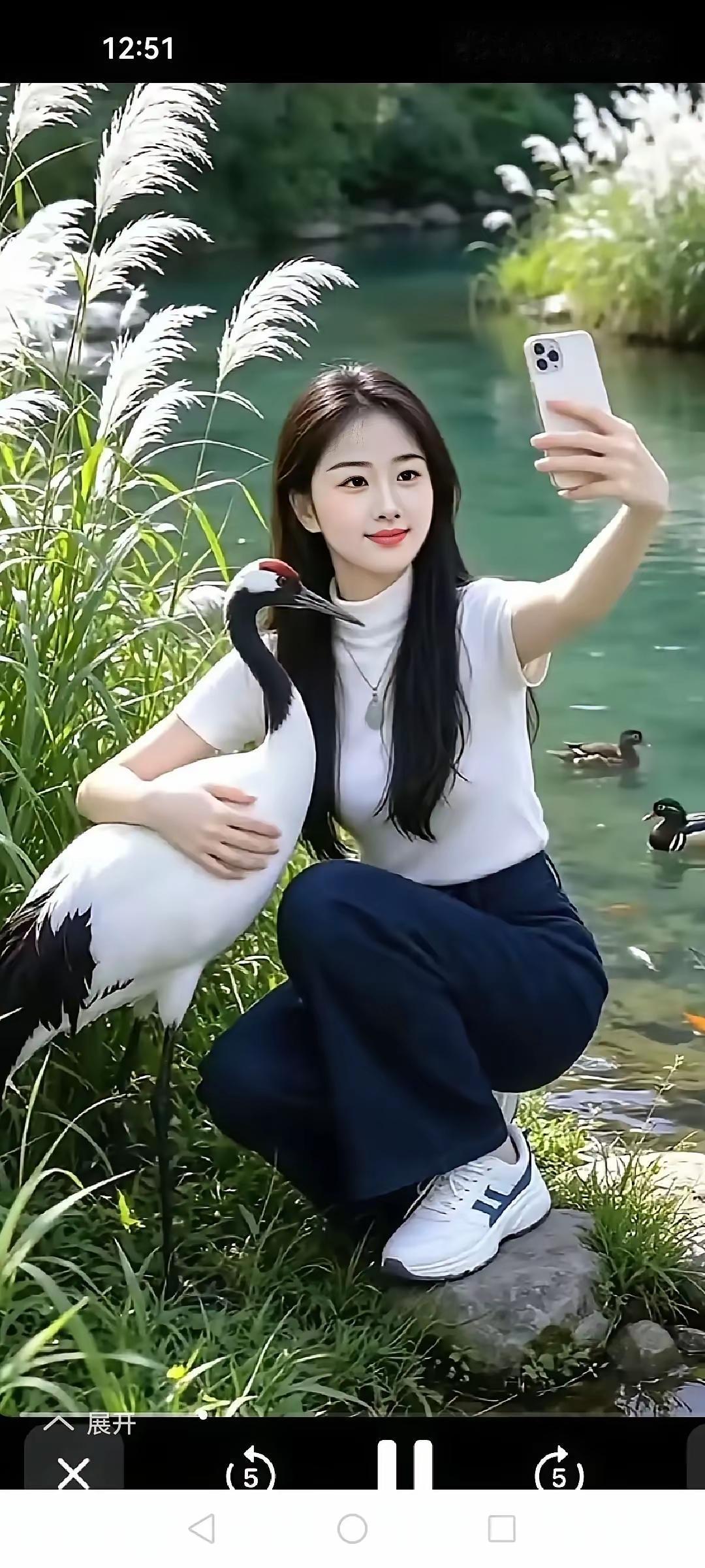 小姐姐在湖边和鸟儿自拍。