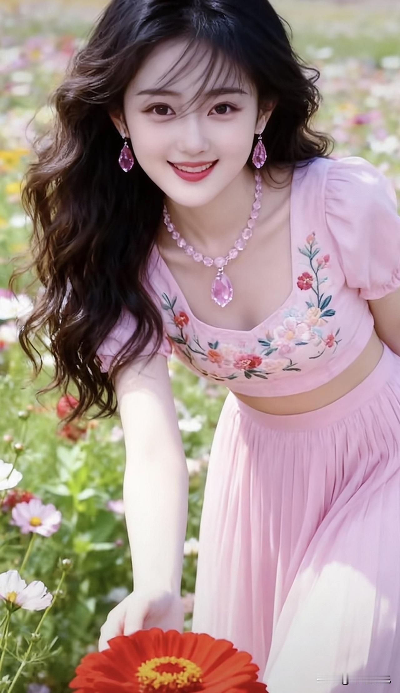 阳光下的粉色仙子，与花海共舞紫色花海氛围照温柔粉色花海紫色花海少女温柔粉色
