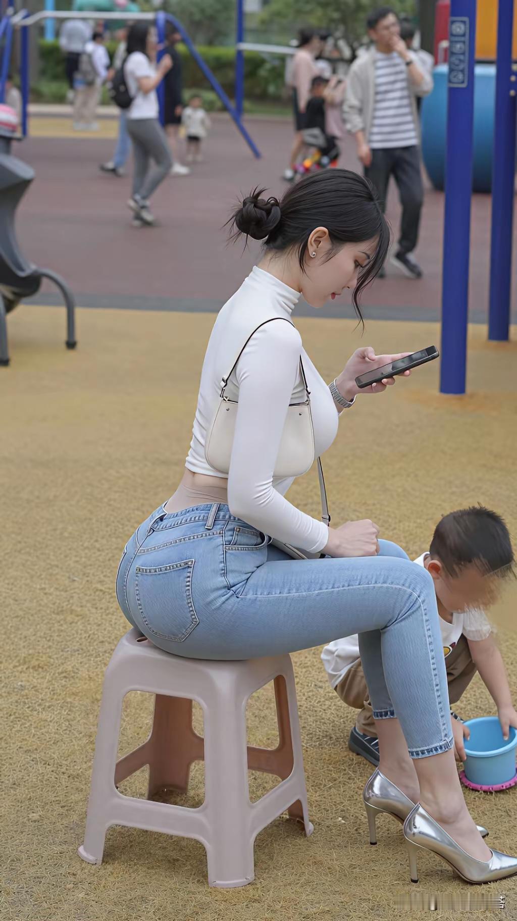 今天休息，带孩子在小公园玩玩，老板老给我发信息什么样的牛仔裤好看有哪些美女让人