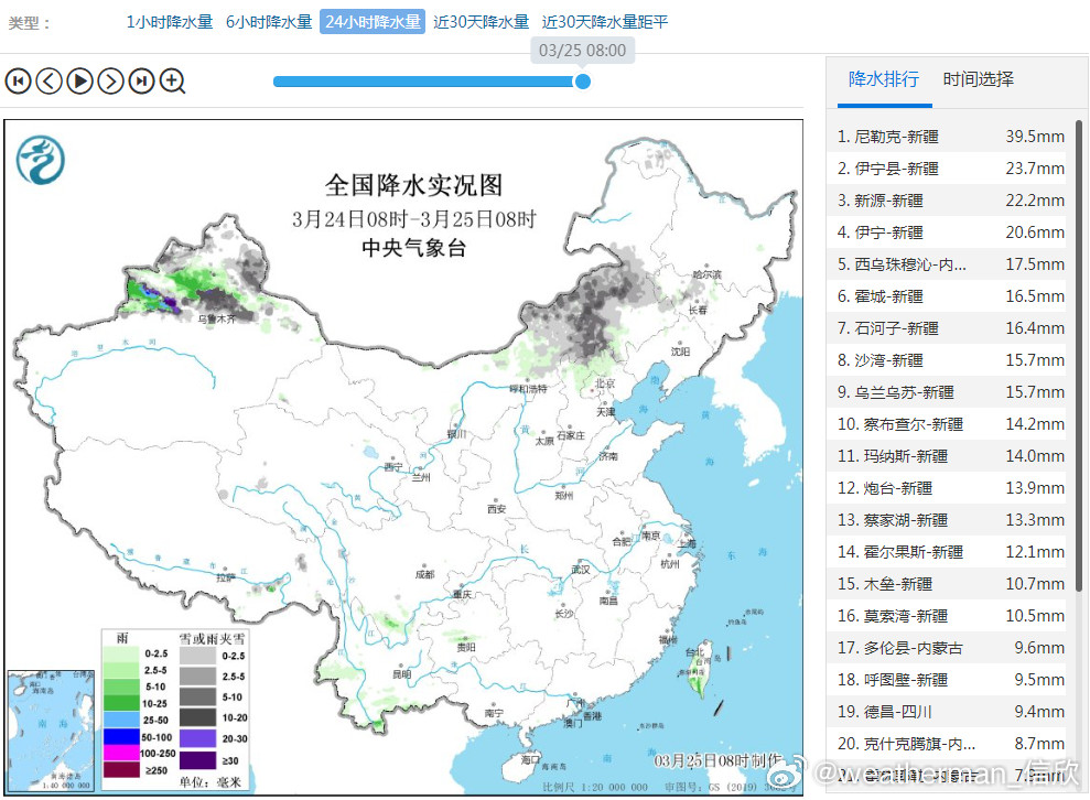 【雨雪】昨天到今晨，新疆北部、内蒙古中部的雨雪增多。新疆尼勒克39.5毫米大雨，