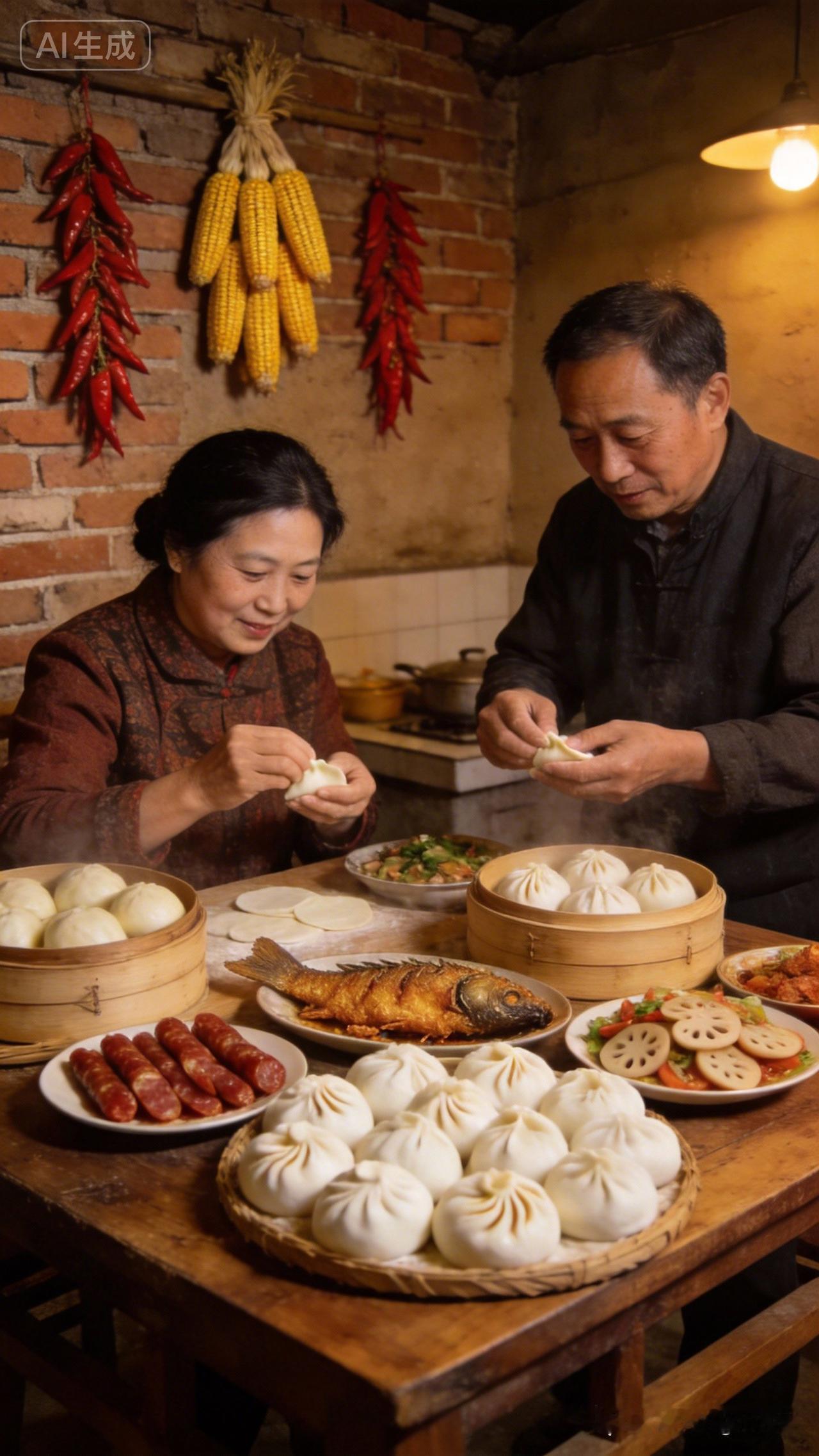 老两口在厨房包饺子，准备丰盛的饭菜。