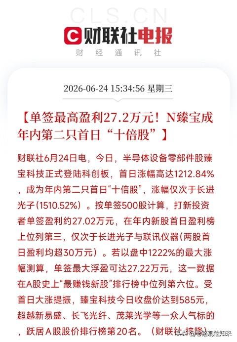 今年第二猛猛新股诞生！N臻宝首日大涨1212%，中一签暴赚27万，A股打新神话回