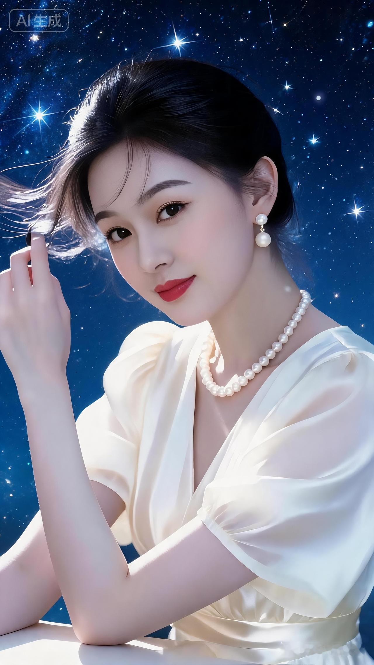 在星空的映衬下，这位小姐姐就像从童话里走出来的公主，优雅迷人得让人移不开眼。星