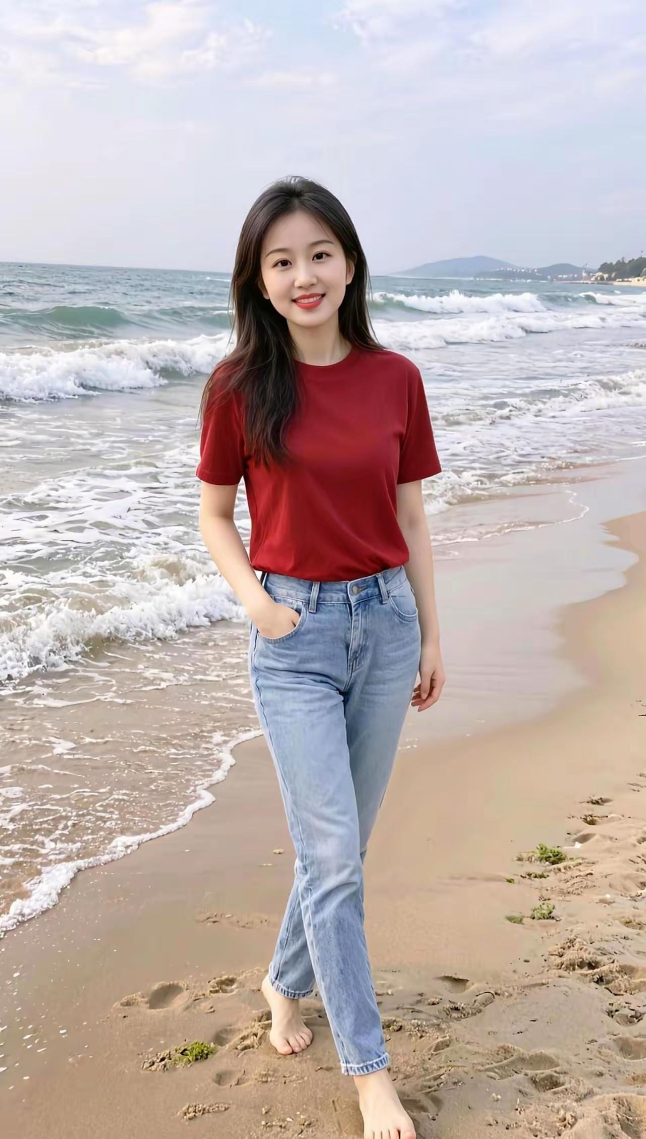 海边漫步，红衣少女与海浪共舞