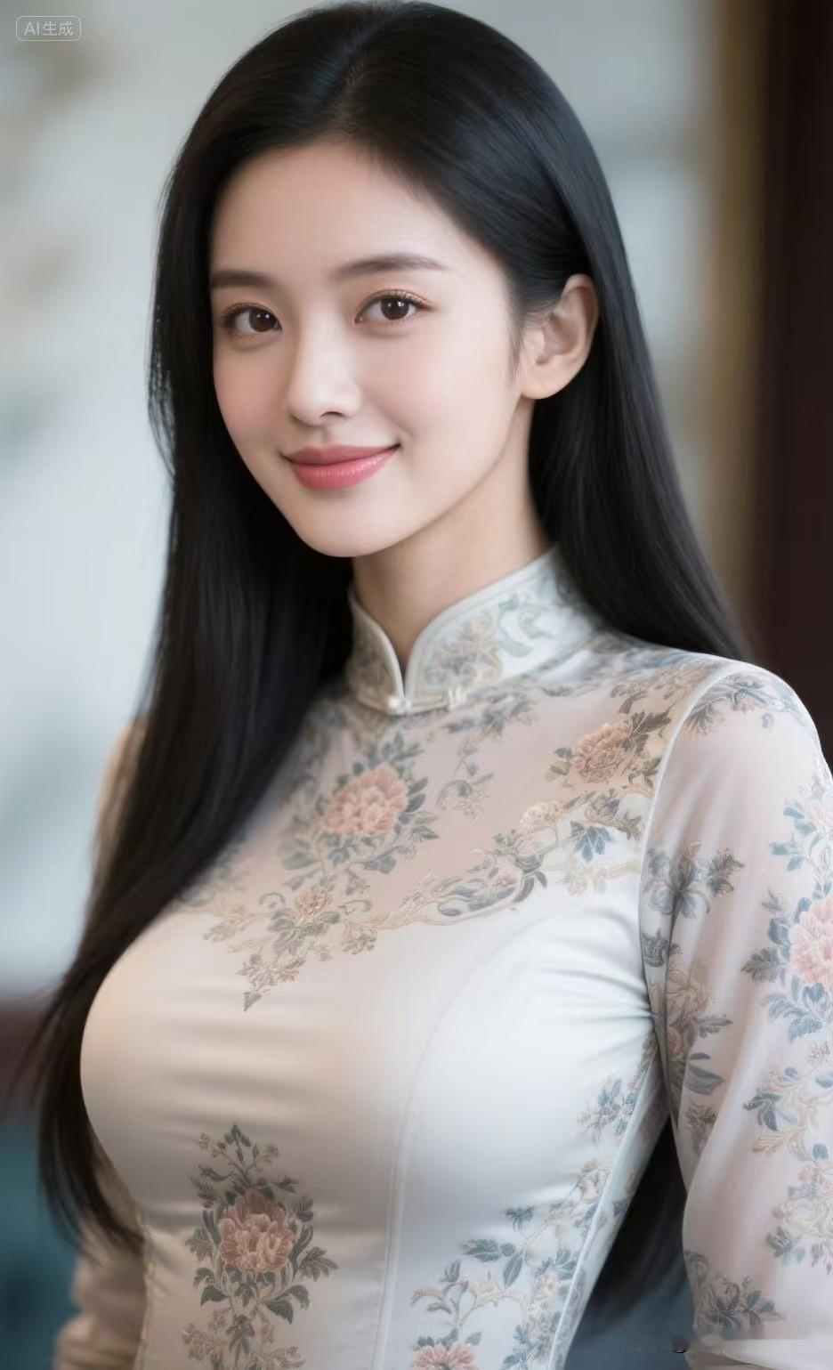 鹊桥仙·锦颜柔青丝垂黛，旗袍凝秀，浅笑盈盈含暖。芳华温婉自天成，看眉目、