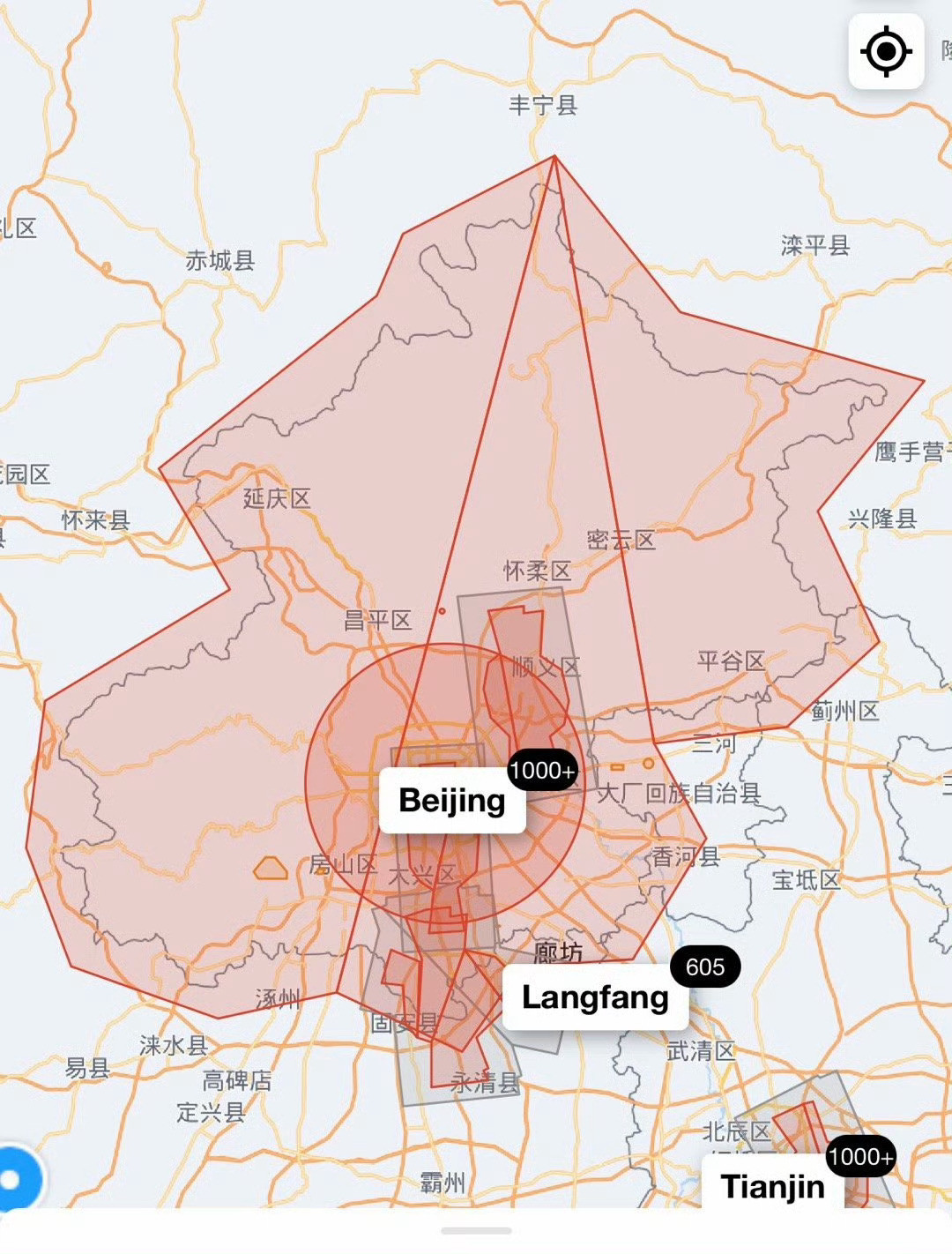 无人机彻底在北京禁飞了！大疆的北京飞行安全地图全红了而且不仅是北京，连河北交界处