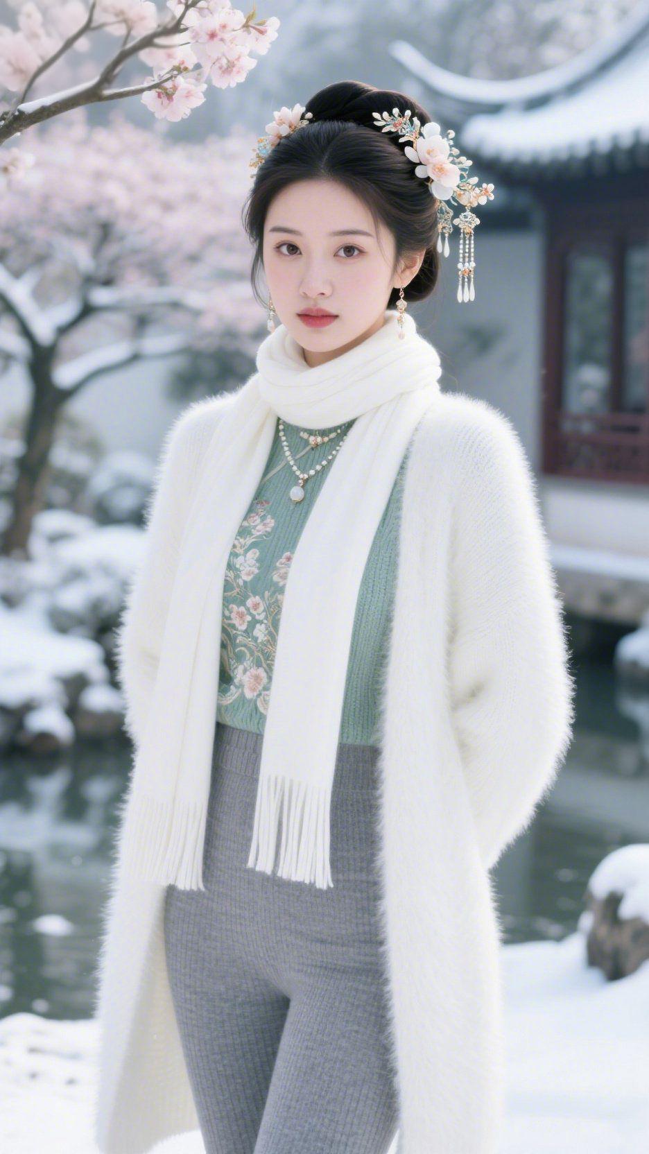 雪落江南岸雪落江南岸，青砖黛瓦覆上一层清浅的白，枝头寒梅映着落雪，添了几分