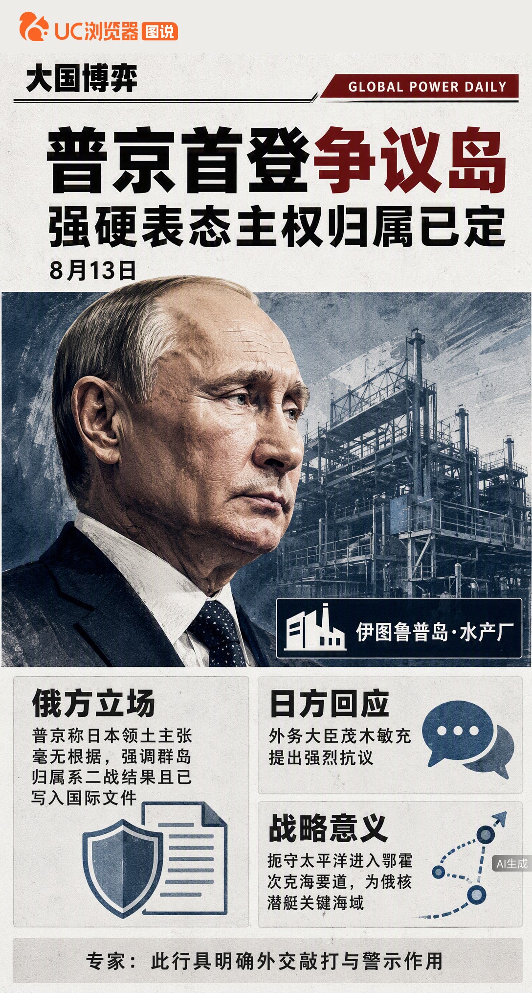普京首次登上俄日争议岛屿，直言日本领土主张毫无根据。岛上已部署S-300和反舰导弹，这次登岛视察工厂