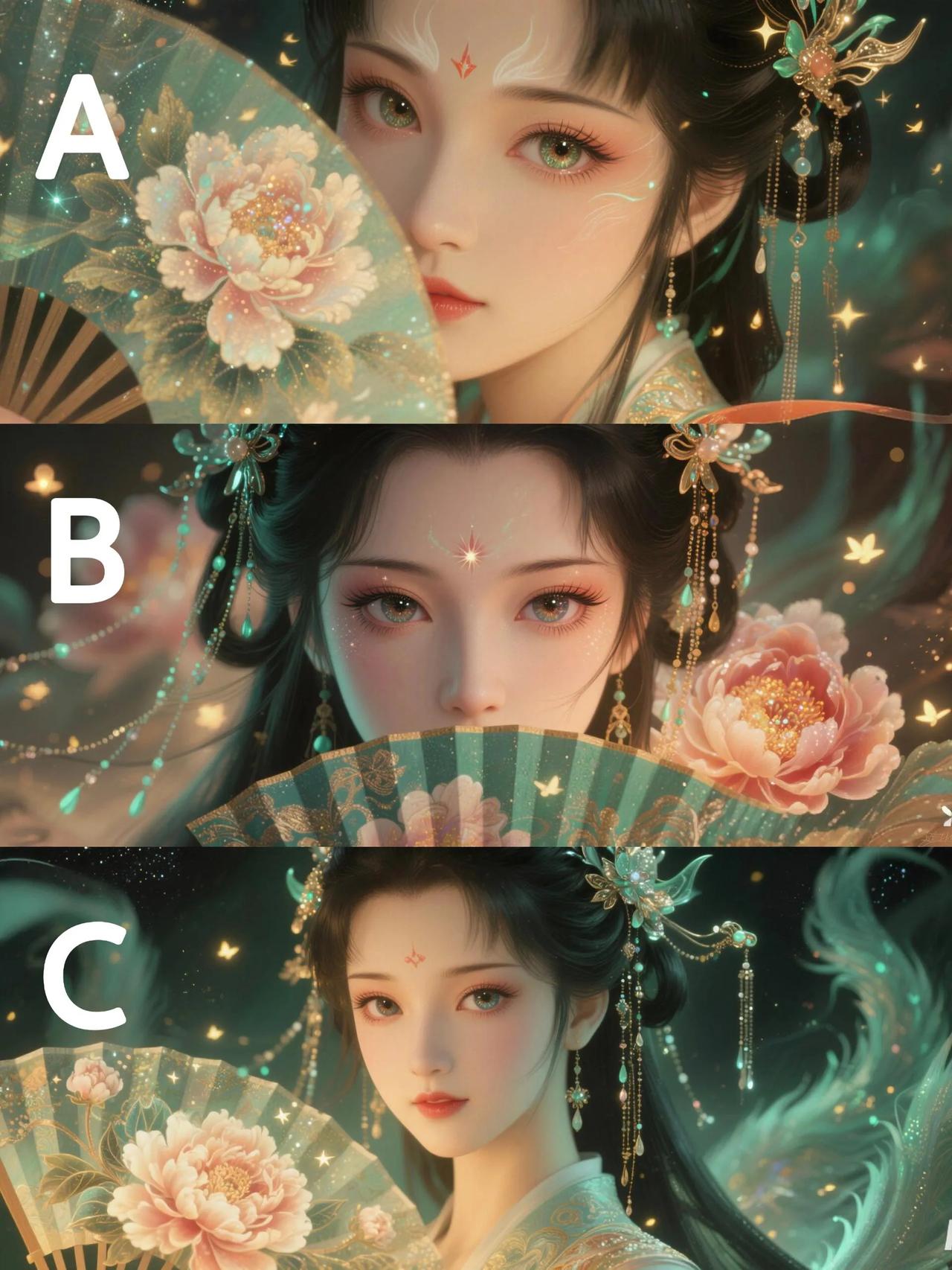 测测看未来90天你焦虑的事会迎来哪种转机？选择喜欢的一位拿扇子的美女富贵牡