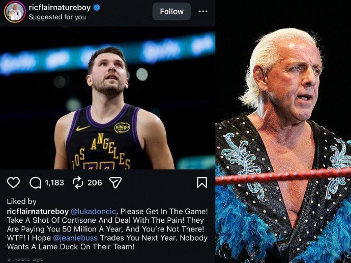 WWE名人堂选手瑞克-弗莱尔喊话湖人：“东契奇，拜托上场比赛！“打一针可