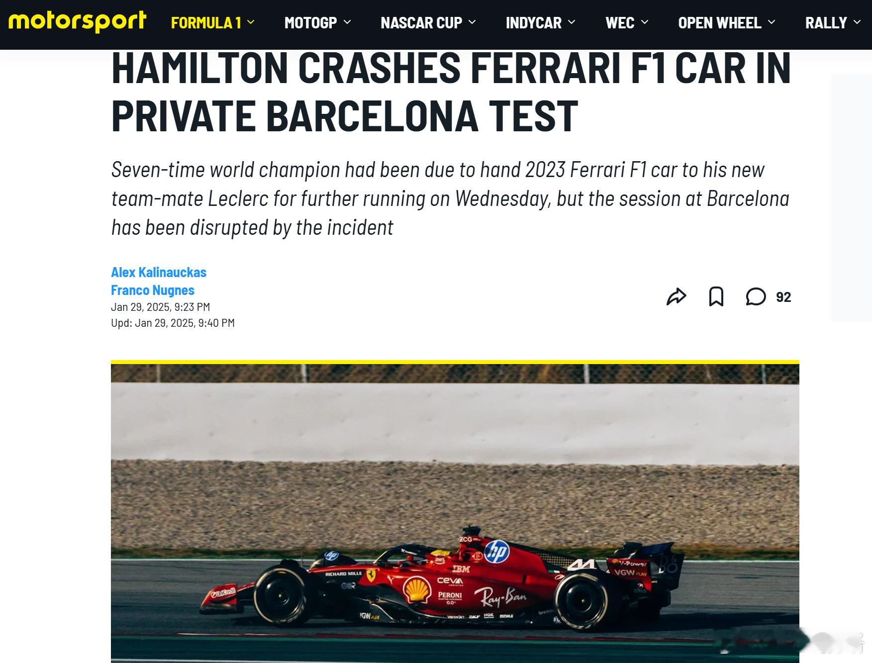 Motorsport说汉密尔顿在巴塞罗那赛道的测试中发生事故。人没事，车撞得不轻