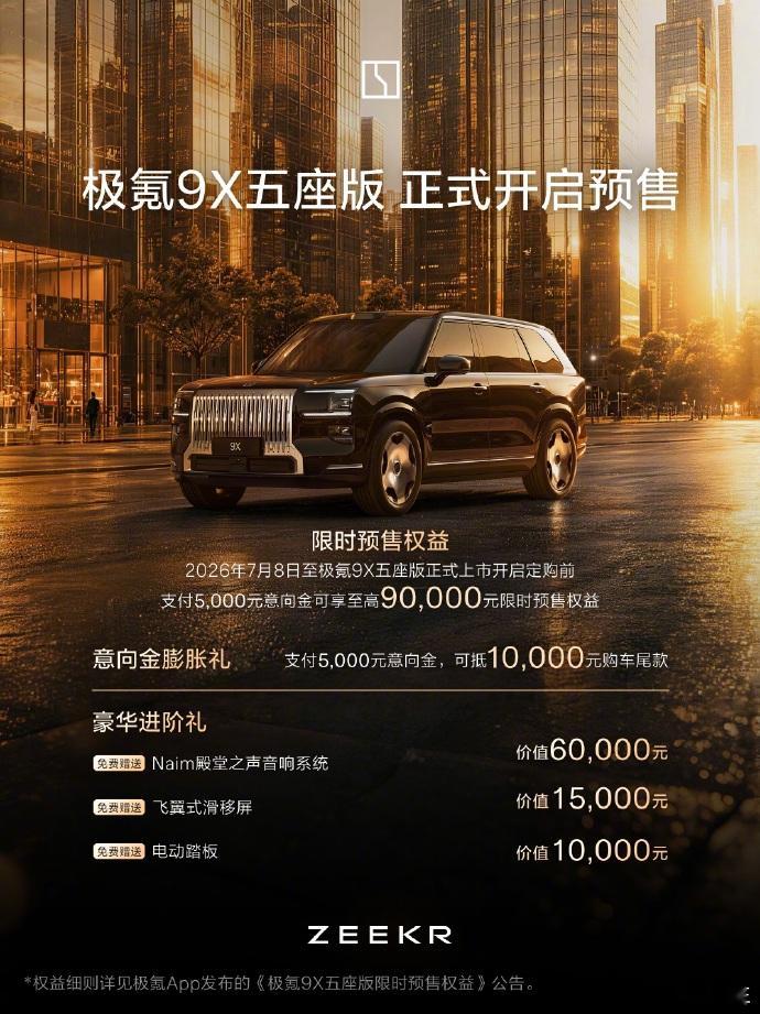 极氪9X五座版开启预售看到极氪9X五座版今天开启预售，我挺动心的。之前六座版就