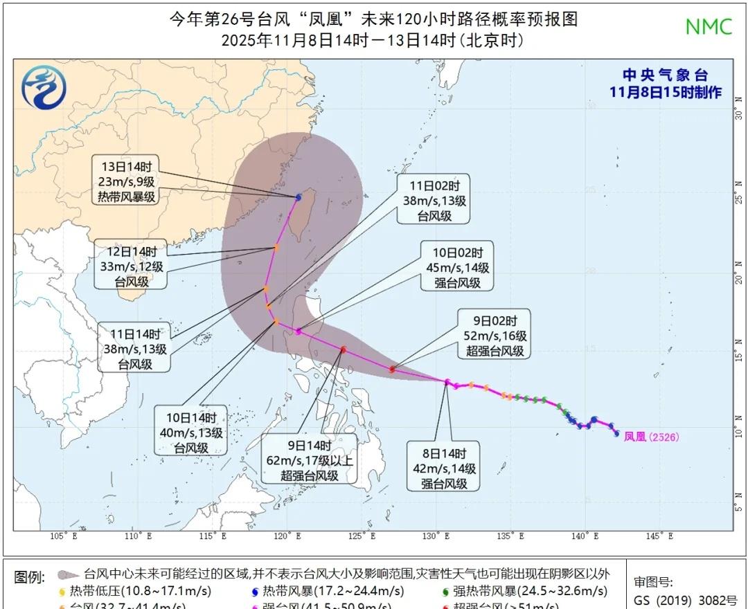 26号台风凤凰已经加强为14级强台风11月8日14时，26号台风凤凰的中心位于