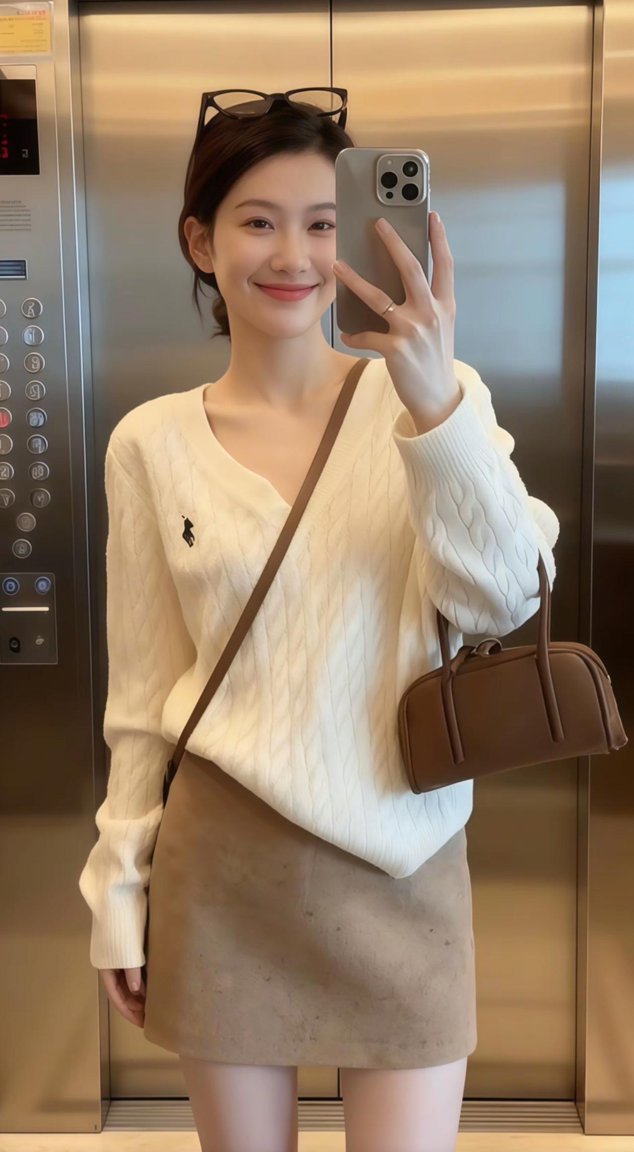 电梯自拍，温柔毛衣搭配棕色裙，元气满满的一天！😊📸