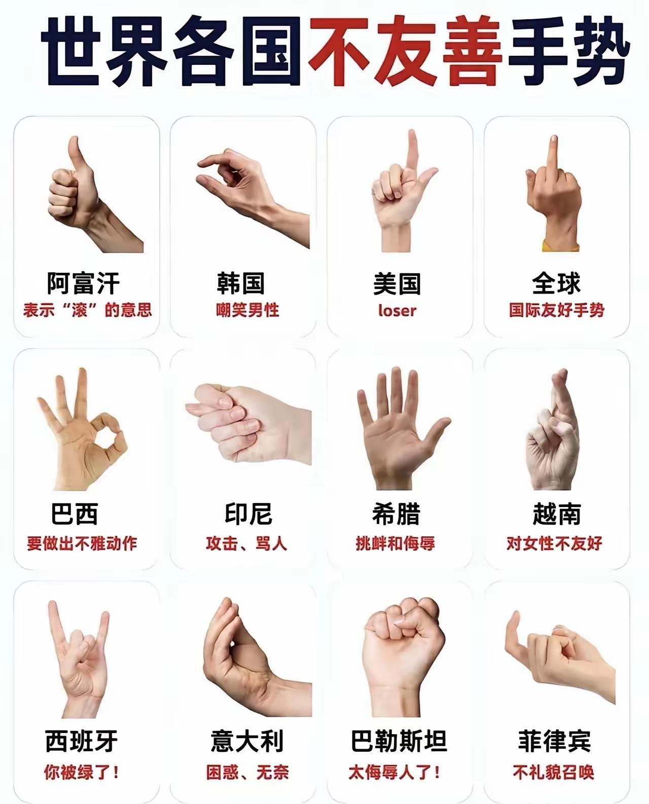 所以出门在外千万别乱用手势🤲🏻，你看看如果你在阿富汗黑人竖个大拇指，得到的不