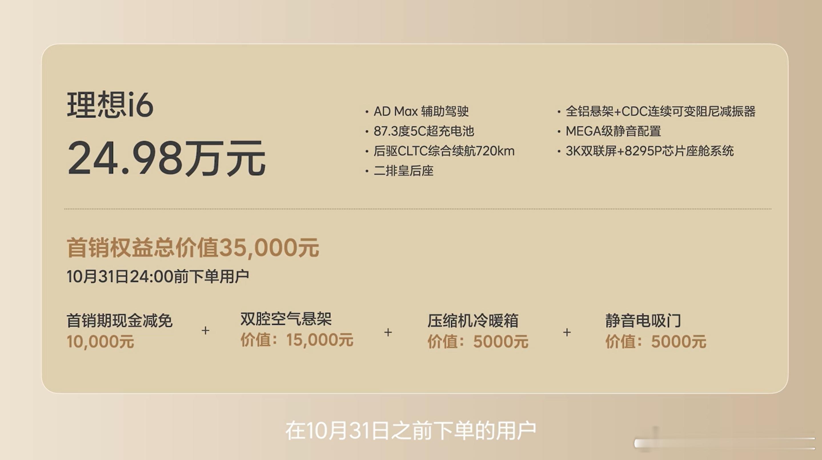 理想i624.98万元起，只有一个配置。首销权益：送双腔空悬、冰箱、电吸门，还