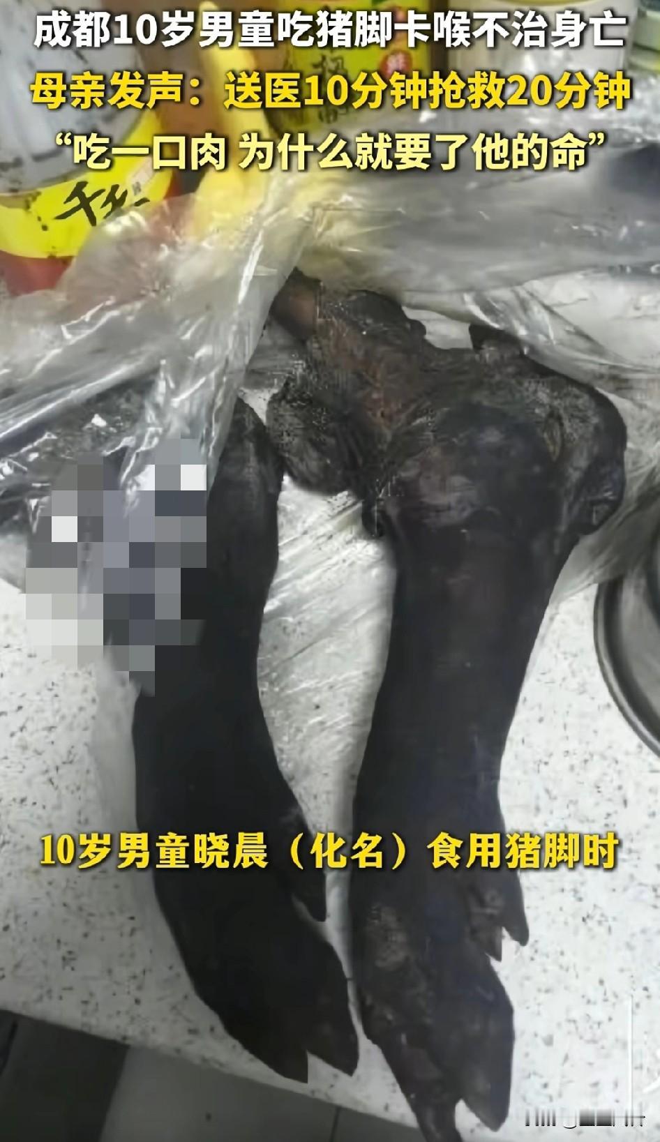 成都10岁男孩吃猪脚卡喉，现已去世！就是很痛心，只要想着就泪流不止可能家庭没有