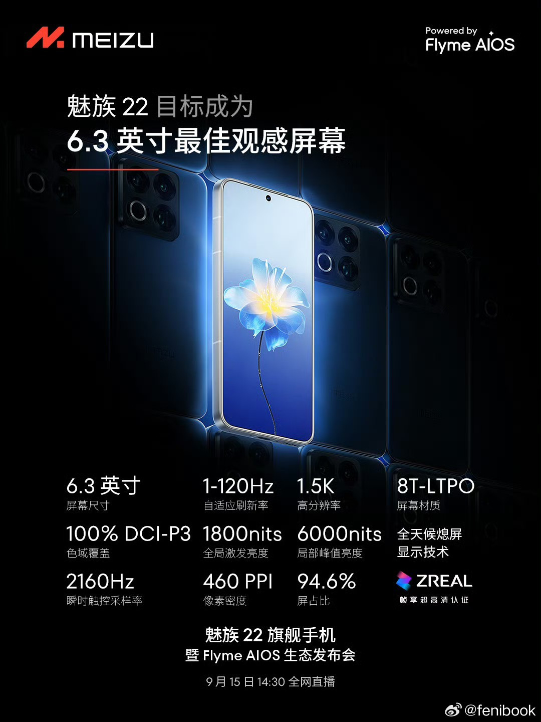 魅族22屏幕详细参数来了，6.3英寸1.5KLTPO屏幕，支持全屏AOD，全屏